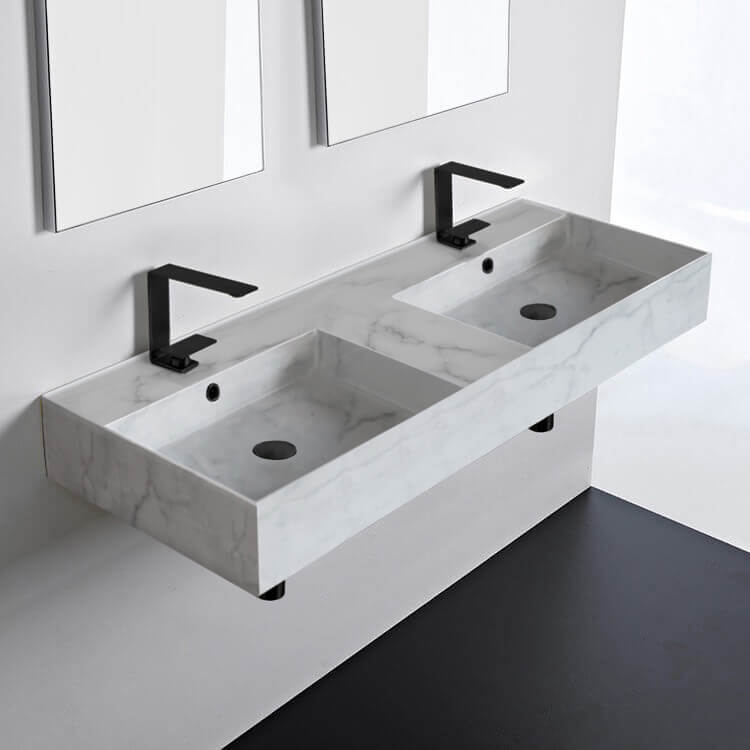 Scarabeo 5143-F-Two Hole Marble Design Ceramic Wall Mounted or Vessel Double Sink With Counter Space